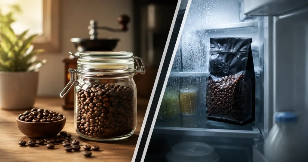 Open coffee container inside a refrigerator with moisture exposure