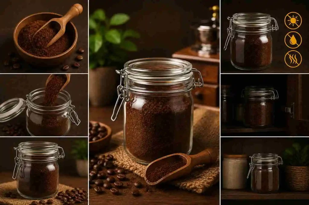 Ground coffee stored in an airtight container inside a kitchen cabinet