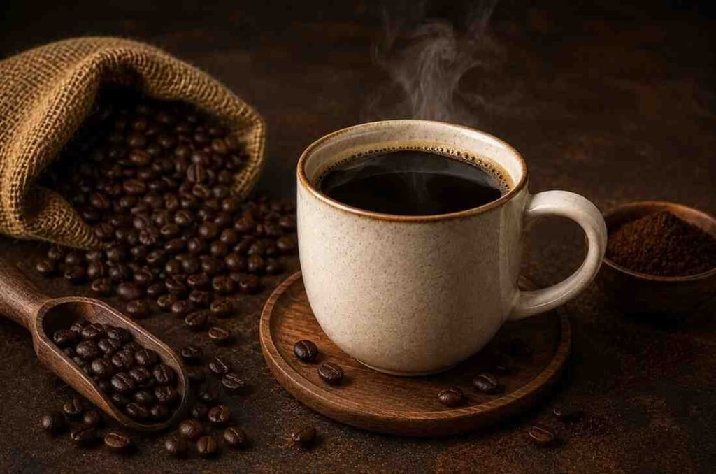 Fresh cup of French roast coffee with dark roasted beans