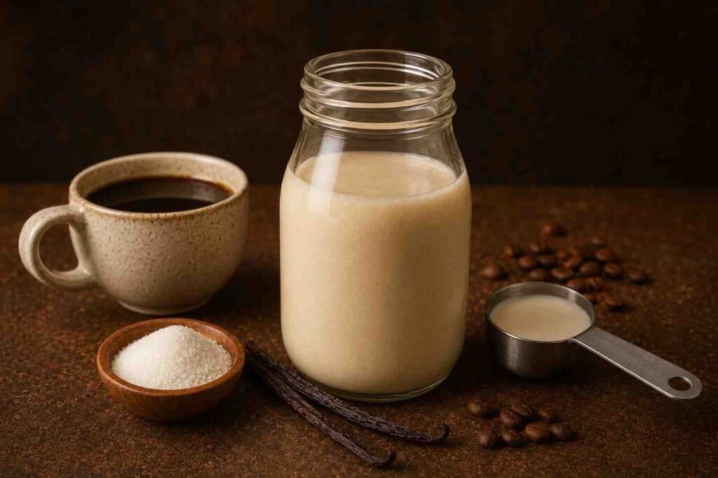 A glass mason jar filled with homemade coffee creamer on a kitchen counter next to a coffee mug