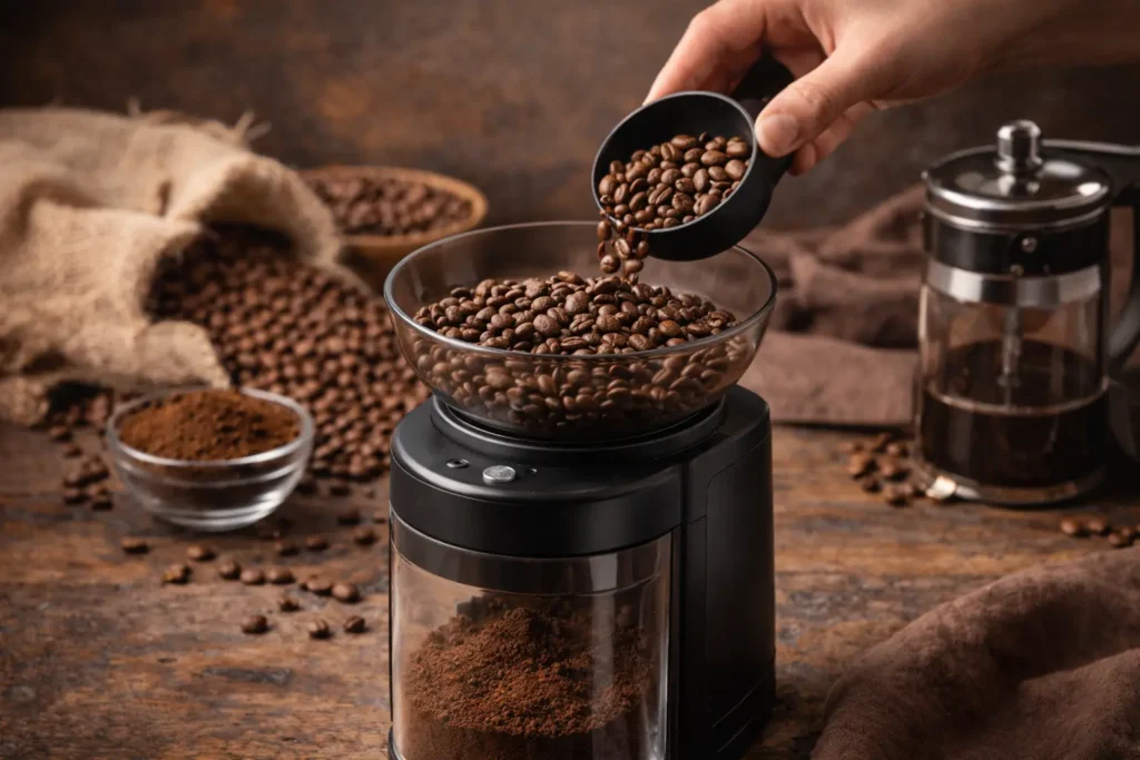 grinding coffee beans for black coffee