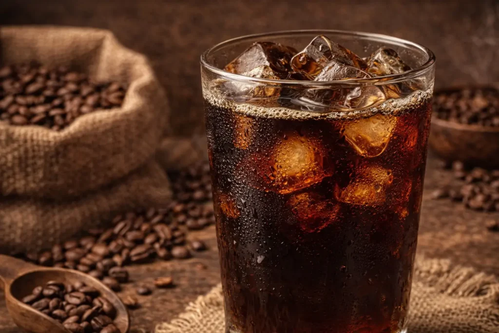 cold brew coffee close-up in a clear glass filled with ice cubes, showing rich dark coffee texture and refreshing chilled drink on a clean background