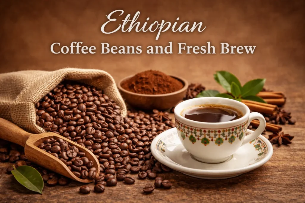 ethiopian coffee beans with a fresh brewed cup showing rich aroma and floral notes, placed on a clean surface with a warm natural background