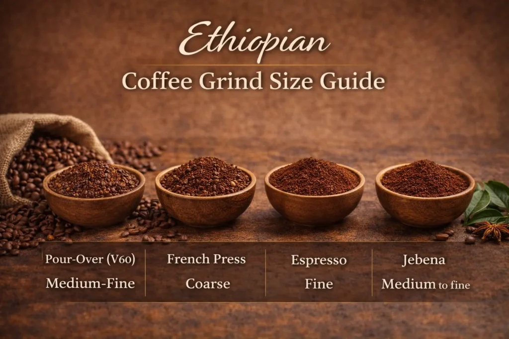 ethiopian coffee grind size showing coarse, medium, and fine grounds side by side for different brewing methods like french press, pour over, and espresso
