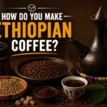 How do you make Ethiopian coffee featured image showing a traditional jebena coffee pot, roasted coffee beans, green coffee beans, ground coffee, and a freshly brewed cup of Ethiopian coffee.