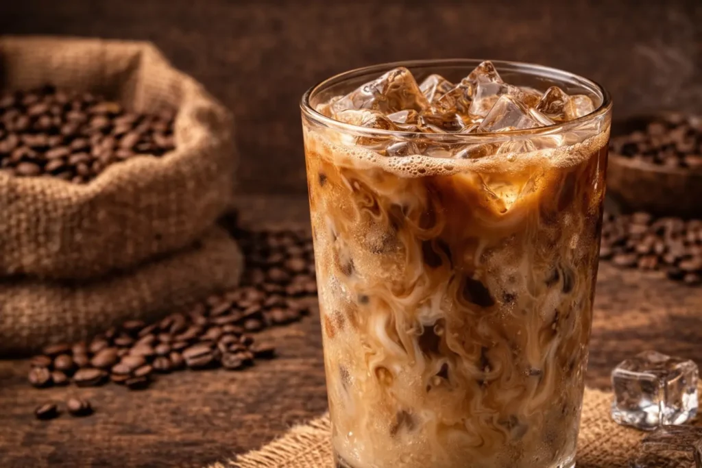 iced coffee served in a clear glass filled with ice cubes, showing a refreshing chilled coffee drink with a smooth texture on a clean background