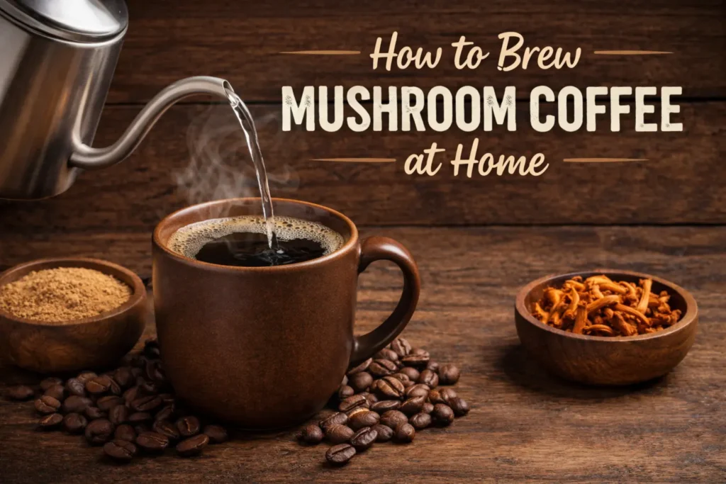 brewing mushroom coffee at home with hot water