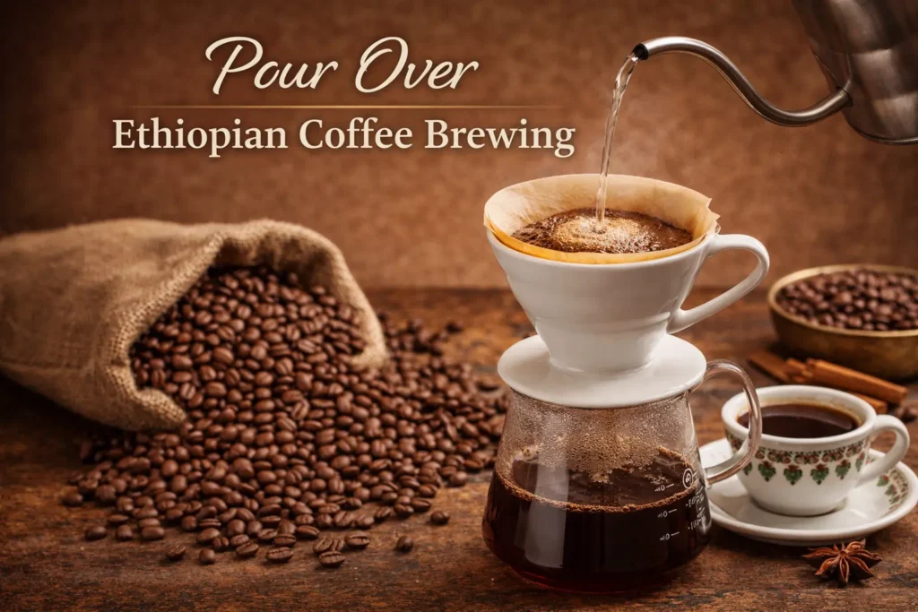 pour over ethiopian coffee brewing process showing hot water being poured over freshly ground beans in a dripper for a clean and flavorful cup