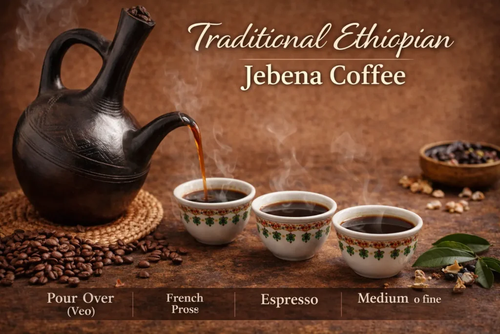 traditional ethiopian jebena coffee being prepared in a clay pot over heat, showing authentic brewing method with rich aroma and cultural setting