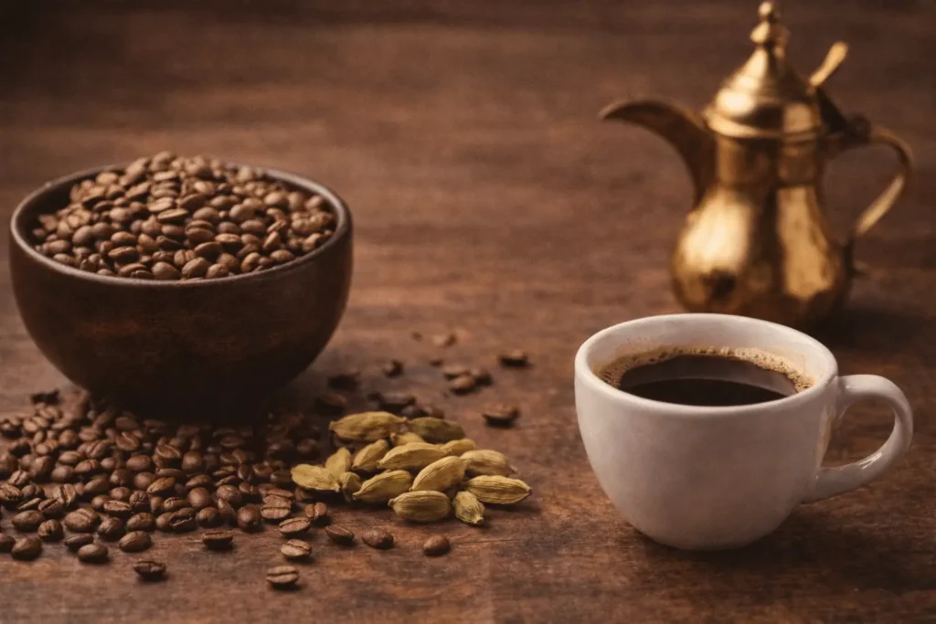 Arabic Coffee ingredients setup with coffee beans, cardamom, cup, and dallah