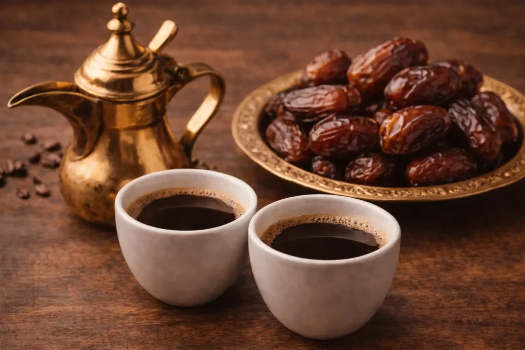 Arabic Coffee served in small cups with dates and traditional dallah