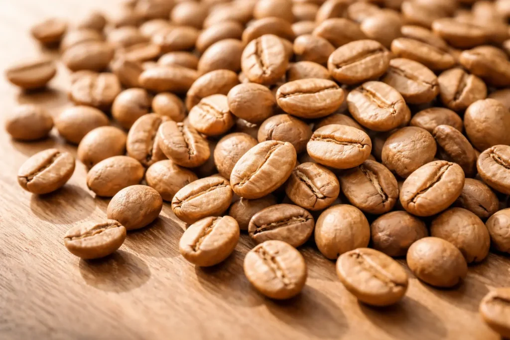 Light blonde roast coffee beans showing pale brown color with a cup of light roast coffee, highlighting its mild roast level and natural flavor profile