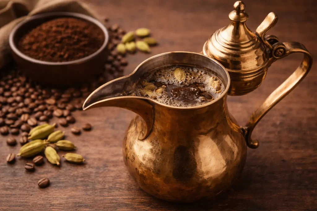 traditional method of brewing Arabic Coffee in dallah step by step