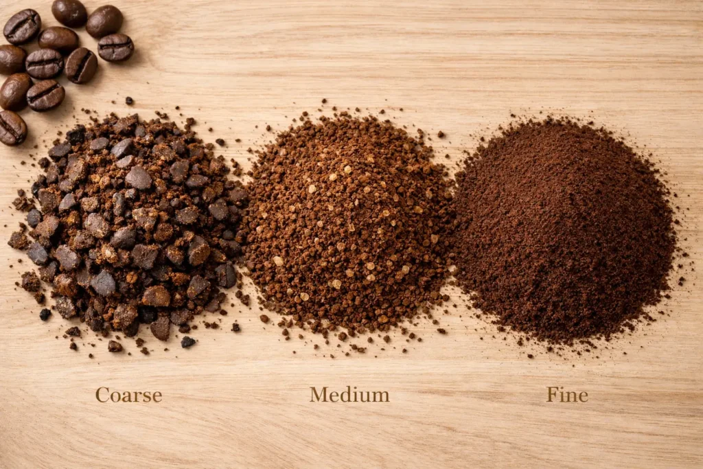 coffee grind size comparison showing coarse, medium, and fine coffee grounds side by side for different brewing methods like french press, drip, and espresso