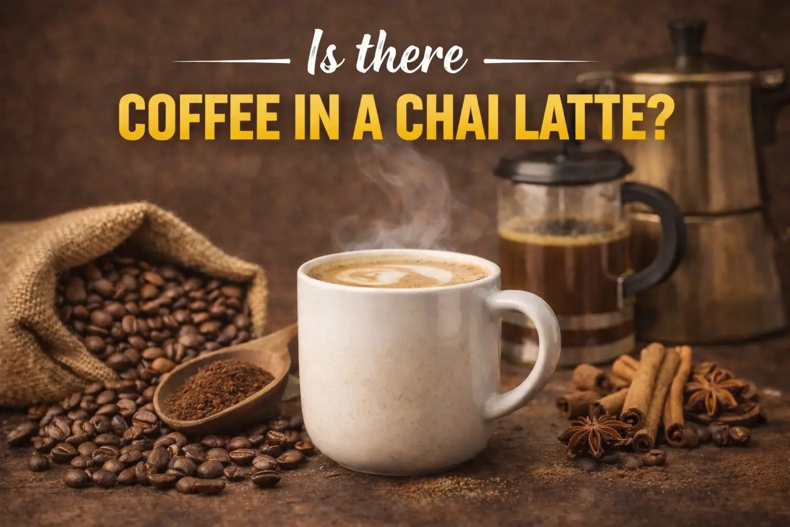 A steaming cup of chai latte with coffee beans and spices showing the concept of coffee in a chai latte