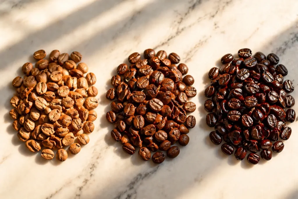 Coffee roast levels chart displaying light blonde, medium, and dark roast beans with differences in color, flavor, acidity, and body