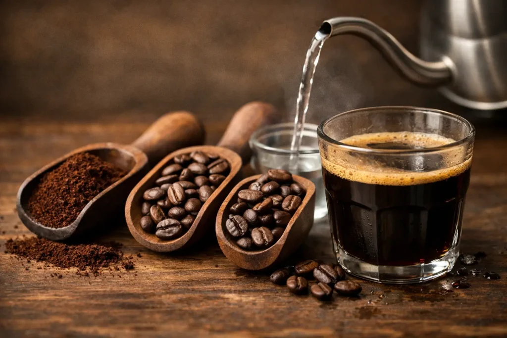 illustration showing correct coffee to water ratio for making strong coffee at home