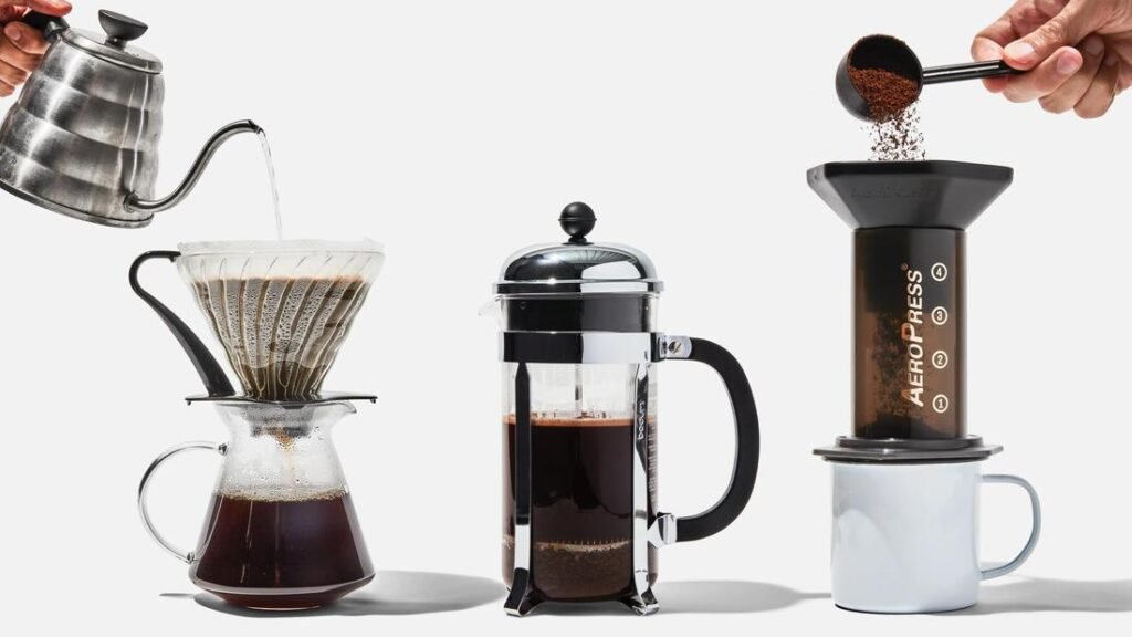 multiple coffee brewing styles including cold brew french press and drip coffee displayed together