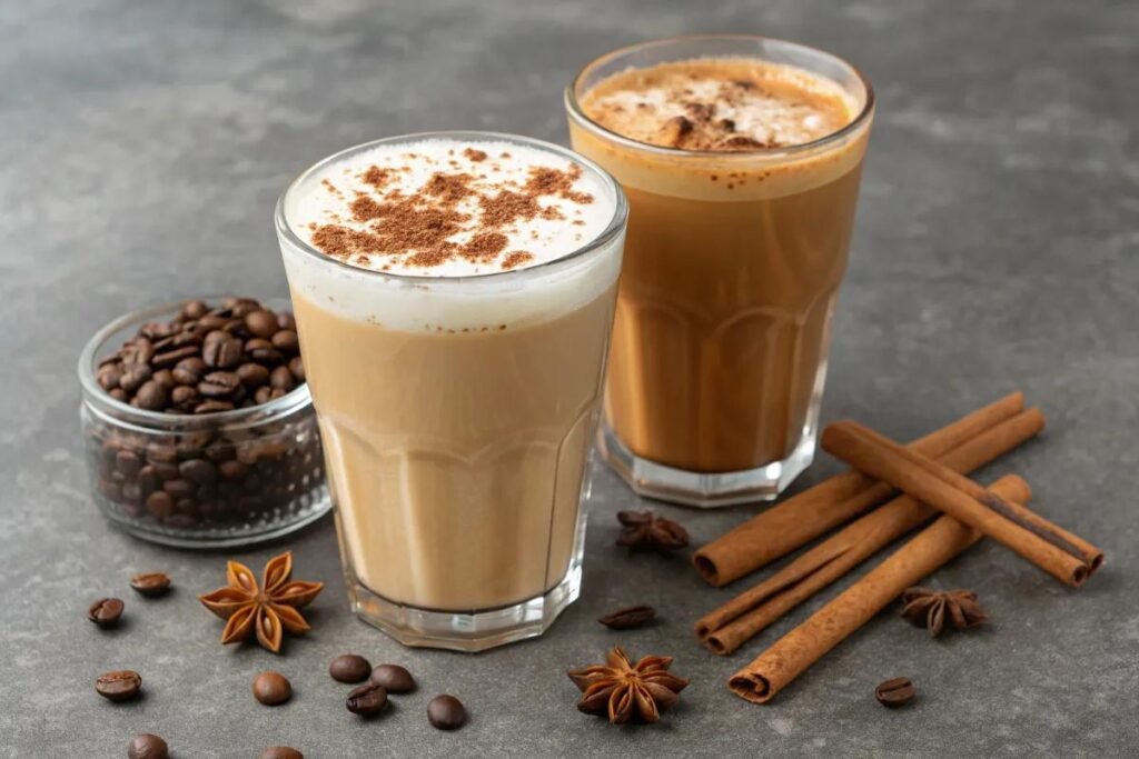 Dirty chai latte with espresso shot mixed into spiced tea and milk