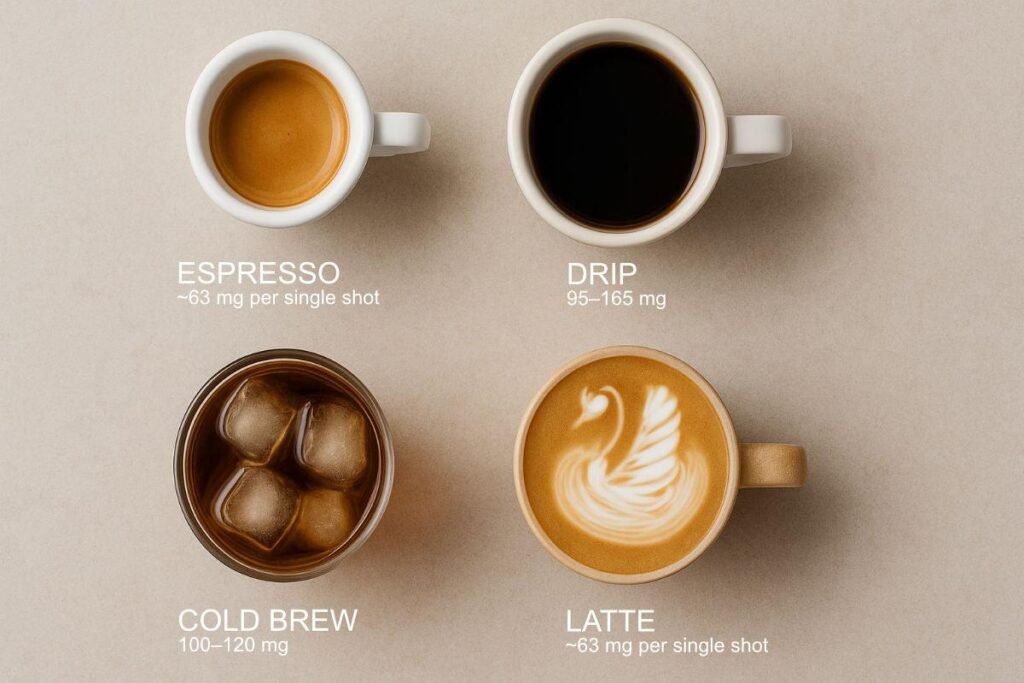 small espresso shot next to a large cup of coffee comparing caffeine amounts and serving size