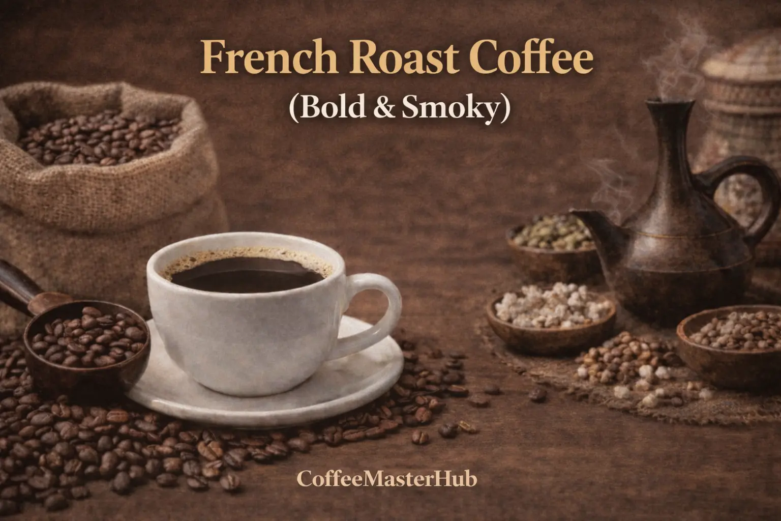 french roast coffee beans with a dark oily surface and a bold smoky flavor profile, served in a cup with deep rich color and intense aroma
