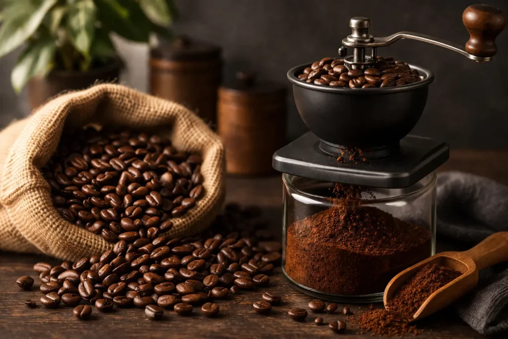 freshly roasted coffee beans being ground for a stronger and richer coffee flavor