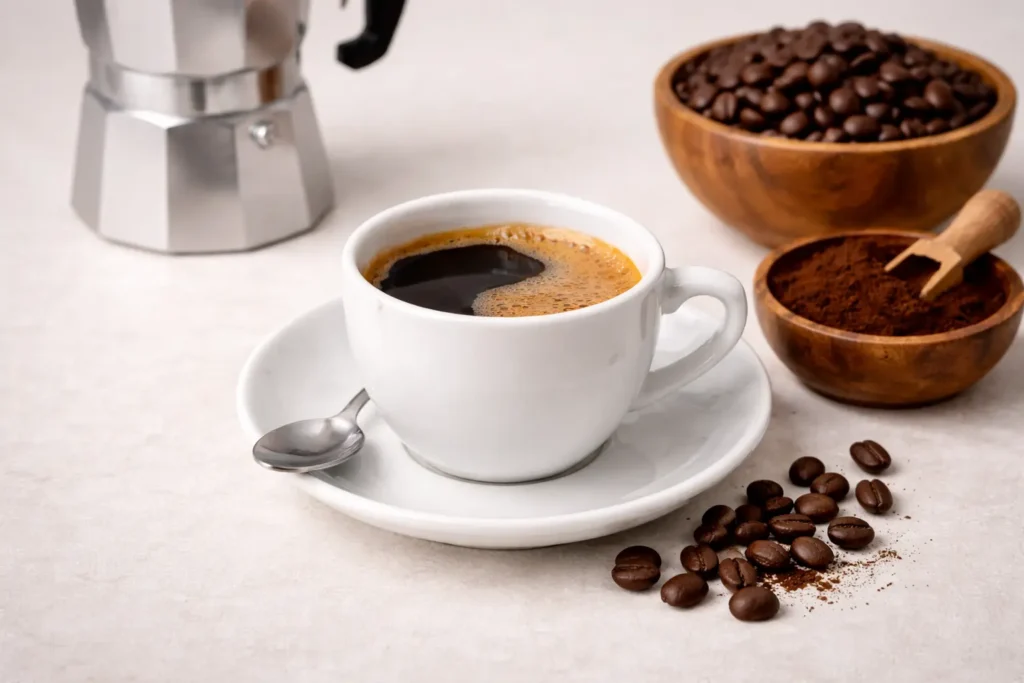 fresh italian coffee served in a small espresso cup with rich crema on top, placed on a clean table with a warm coffee-themed background