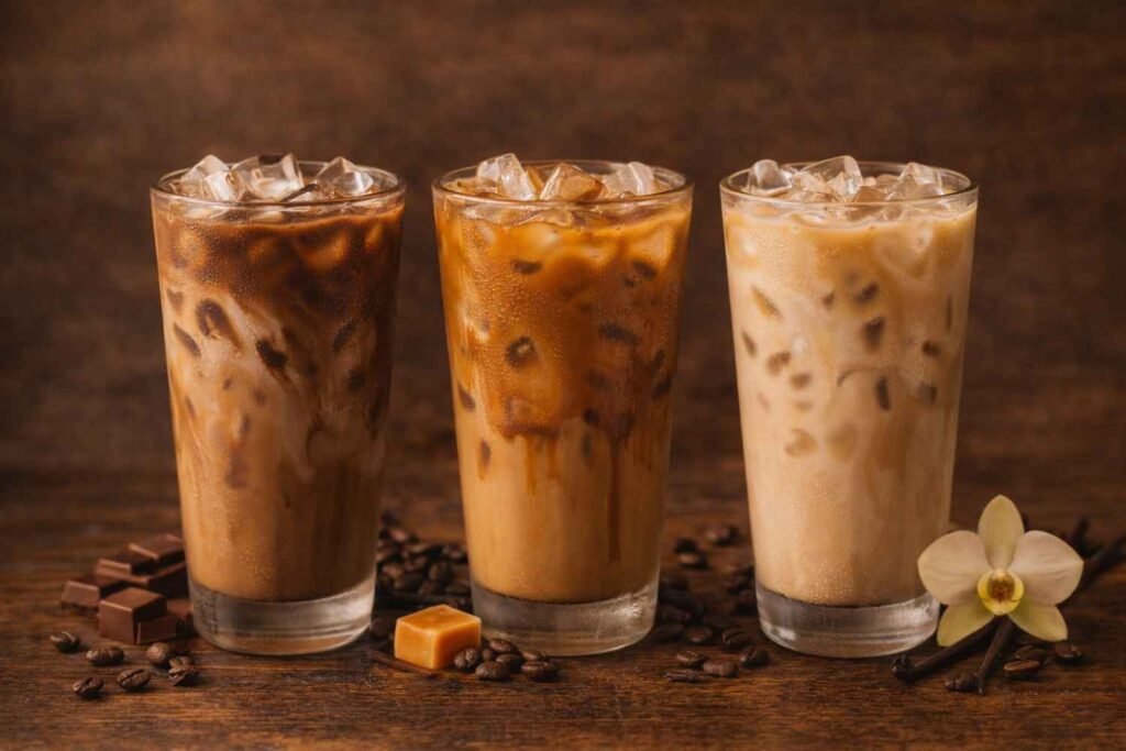 iced coffee drinks in different flavors like mocha caramel and vanilla with ice cubes