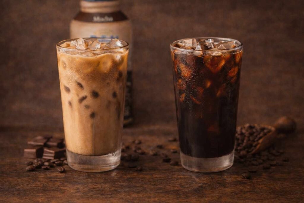 iced coffee and cold brew coffee in two glasses showing color and texture difference