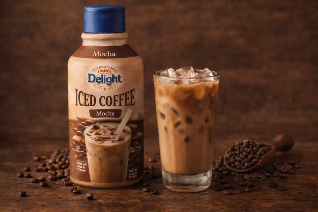 international delight iced coffee in a glass with ice and coffee beans on wooden background