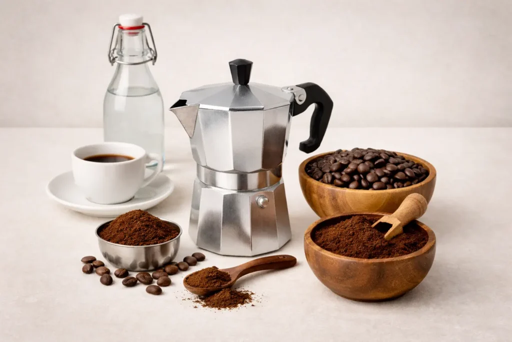 Italian coffee ingredients including fresh coffee beans, moka pot, water, and optional sugar arranged on a clean kitchen surface for traditional Italian coffee brewing