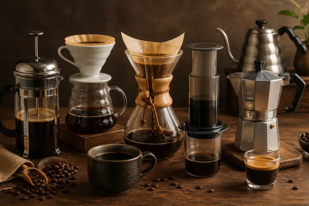 Different coffee brewing methods including French press, pour-over, Chemex, AeroPress, and moka pot on a wooden table

