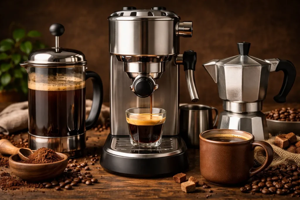 French press brewing method making strong rich coffee with full body and bold flavor