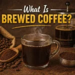 A glass cup of brewed coffee with coffee beans, grounds, French press, and pour-over setup on a rustic wooden background