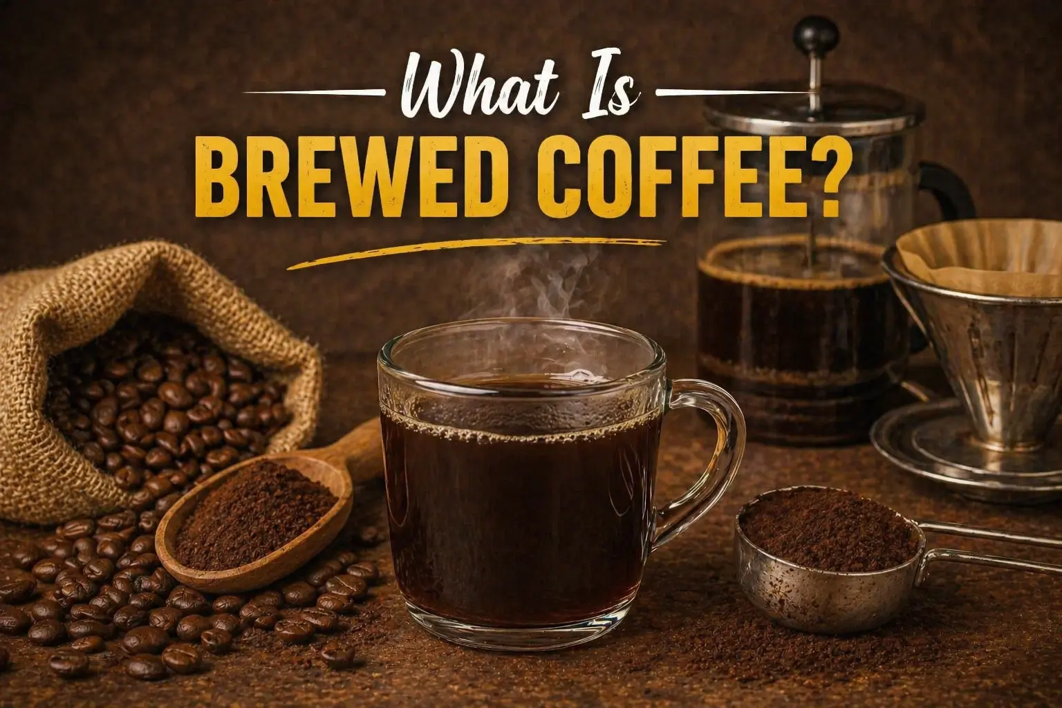 A glass cup of brewed coffee with coffee beans, grounds, French press, and pour-over setup on a rustic wooden background