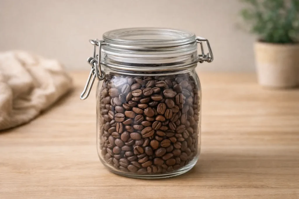 whole bean coffee storage in an airtight container placed in a cool dark place to keep beans fresh and preserve flavor and aroma