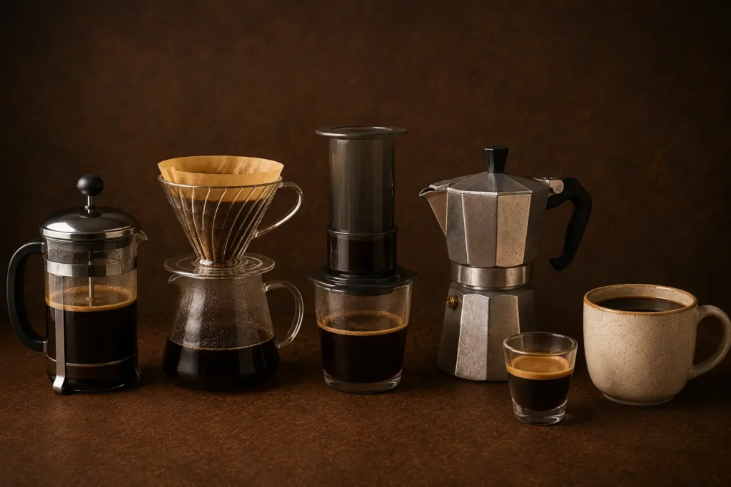 Collection of coffee brewing equipment including French press, pour-over dripper, AeroPress, moka pot, espresso shot, and coffee mug on a brown background.