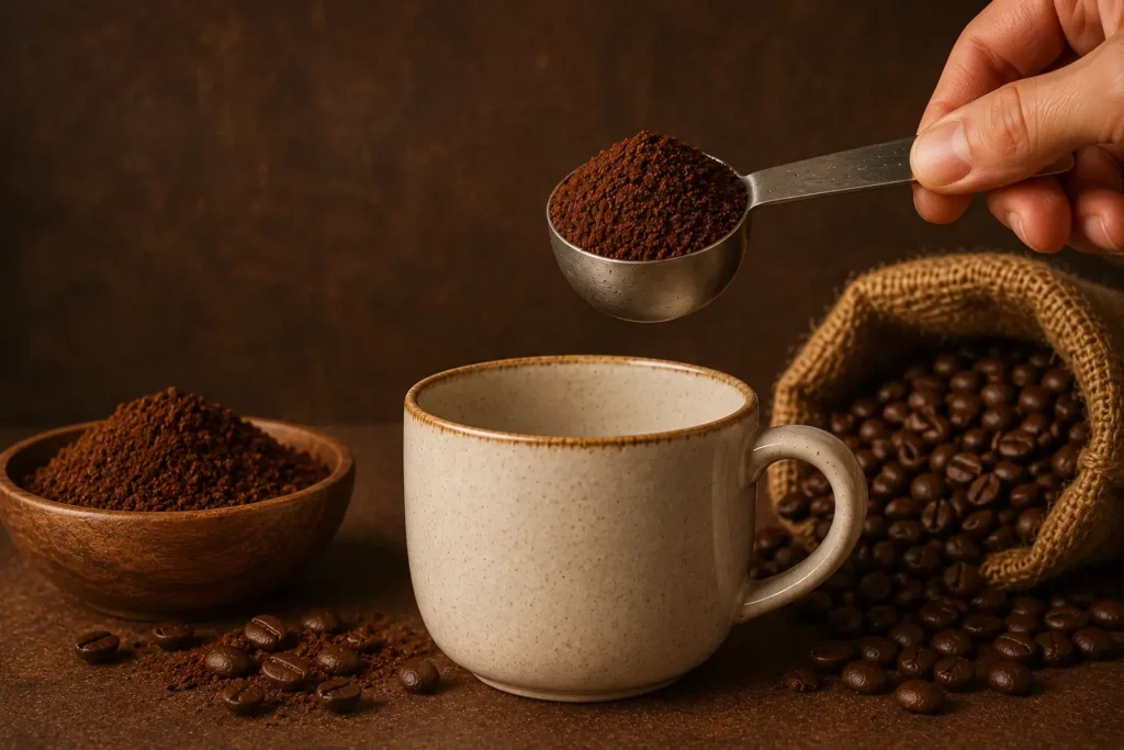 Hand holding a scoop of ground coffee above a ceramic mug with coffee beans and grounds in a rustic setup.