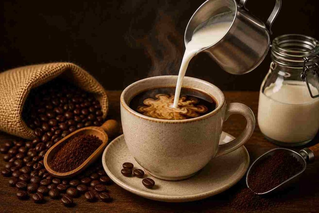 Heavy whipping cream being poured into hot coffee