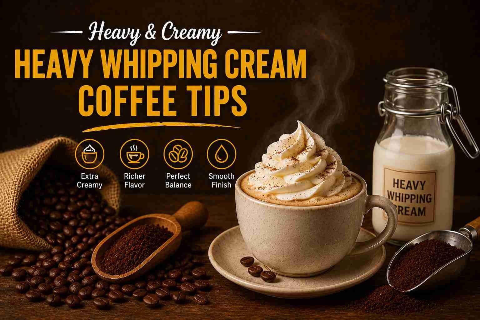 Creamy coffee topped with whipped cream beside heavy whipping cream bottle and coffee beans on dark rustic background