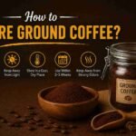 Infographic showing how to store ground coffee properly, featuring a jar of ground coffee, coffee beans, and storage tips like using an airtight container, keeping away from light, and storing in a cool dry place.