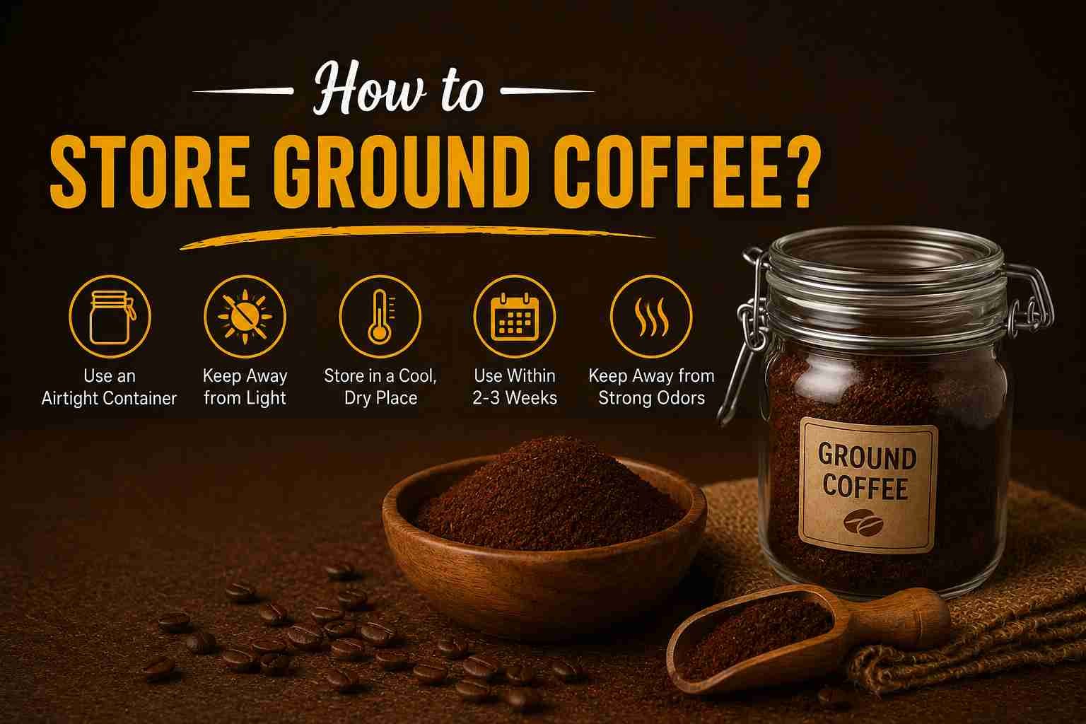 Infographic showing how to store ground coffee properly, featuring a jar of ground coffee, coffee beans, and storage tips like using an airtight container, keeping away from light, and storing in a cool dry place.