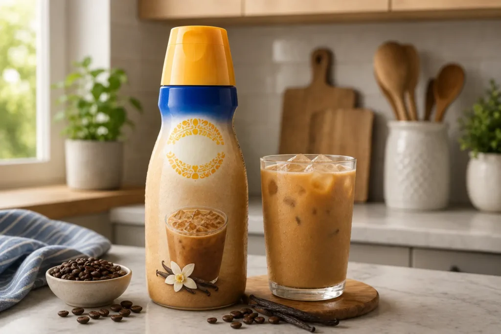 Bottle of International Delight iced coffee on a kitchen counter