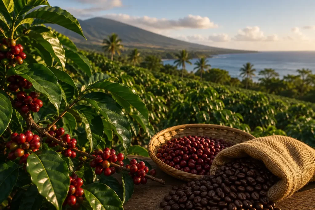 Fresh Kona coffee beans and ripe coffee cherries on a tropical Hawaiian coffee farm with ocean views, palm trees, and volcanic mountains in the background.