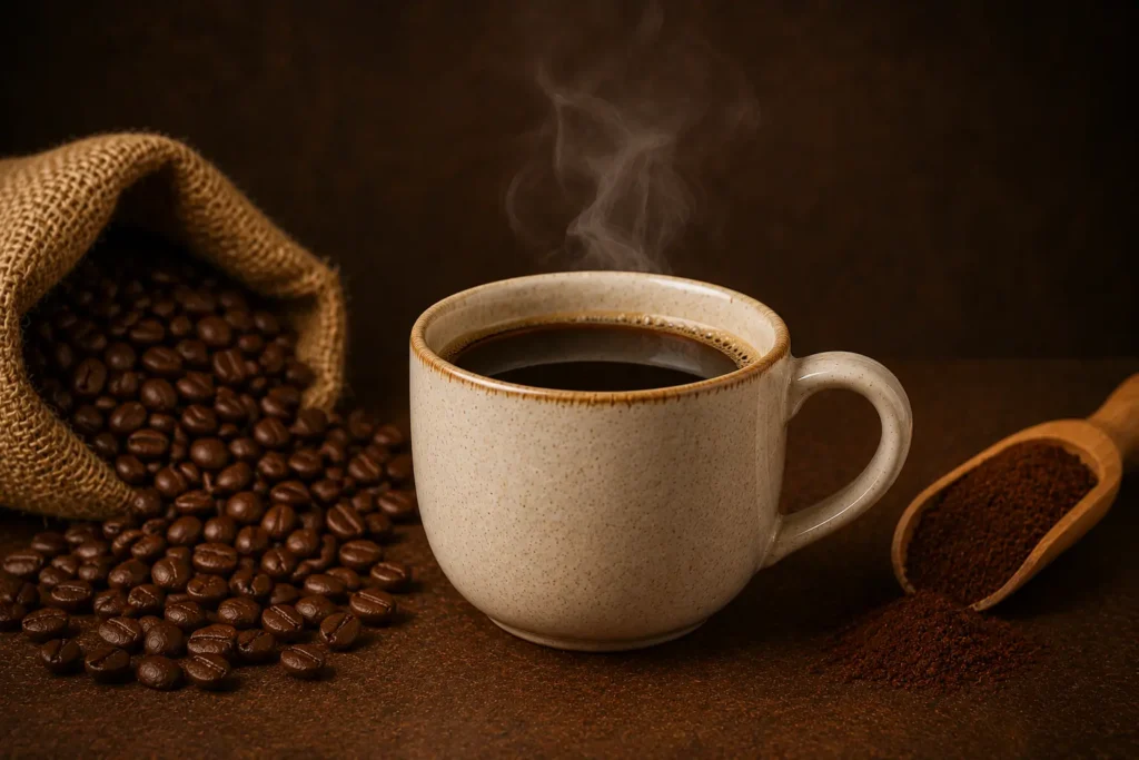 Hand holding a scoop of ground coffee above a ceramic mug with coffee beans and grounds in a rustic setup.