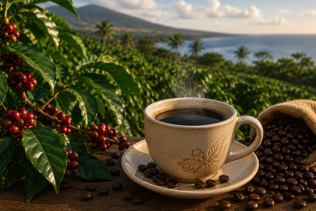 Premium Kona coffee served in a ceramic cup surrounded by roasted coffee beans and fresh coffee cherries on a scenic Hawaiian coffee plantation.