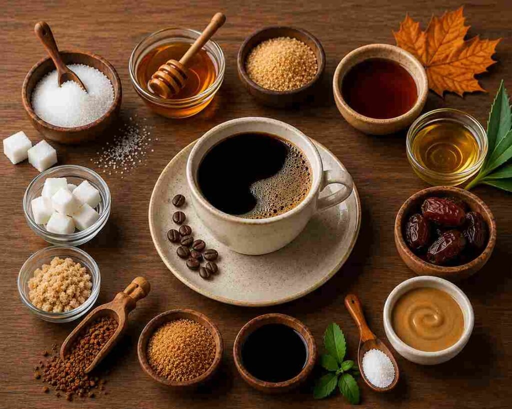 Various natural and traditional coffee sweeteners on a table