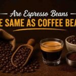 Are espresso beans the same as coffee beans shown with espresso shot, roasted beans, ground coffee, and rustic coffee setup