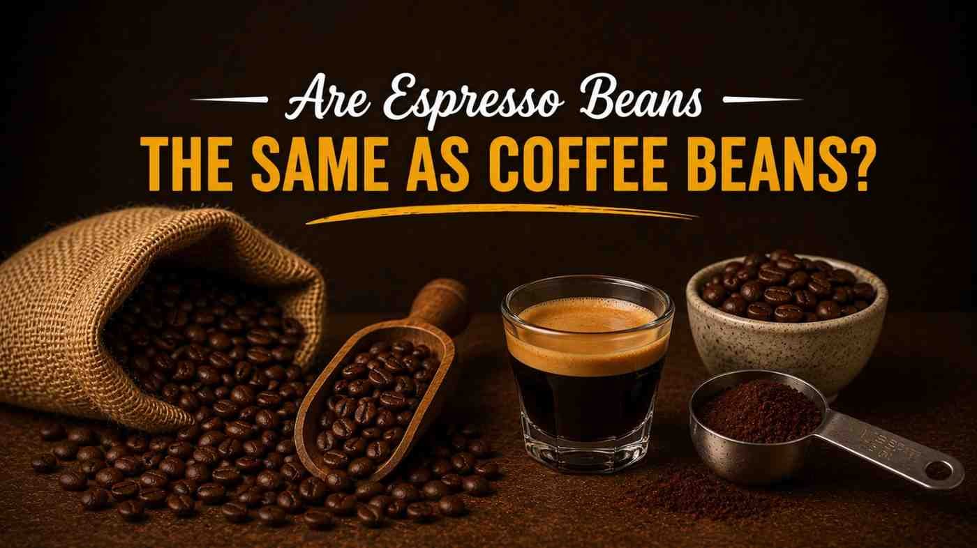 Are espresso beans the same as coffee beans shown with espresso shot, roasted beans, ground coffee, and rustic coffee setup