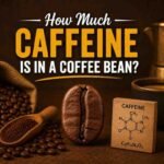 How much caffeine is in a coffee bean featured image showing roasted coffee beans, ground coffee, and a coffee cup.